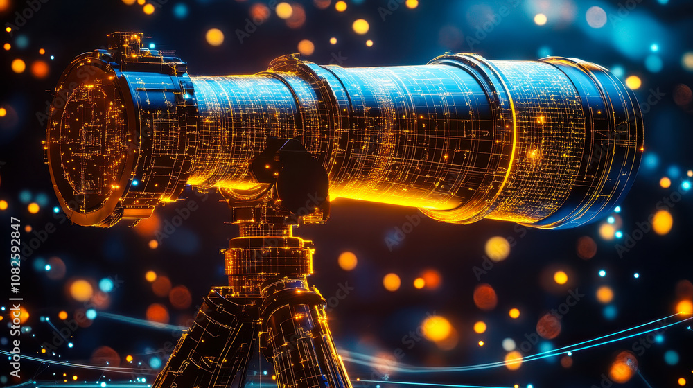 Poster digital yellow telescope with glowing data streams: ai in astronomical observation and data interpre