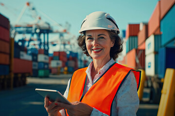 Veteran port worker supervising container loading