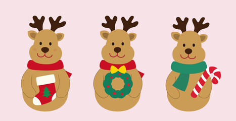 Set of cute Christmas deer flat vector stock illustration.
