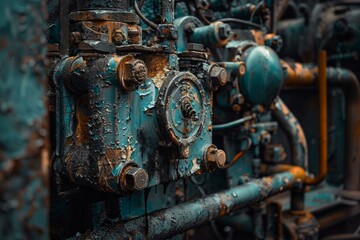 Close up of an old rusted machine with peeling paint, highlighting the effects of time and wear