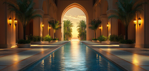 Luxury Arabian Resort Garden with Arched Arcade and Reflective Pool at Sunset