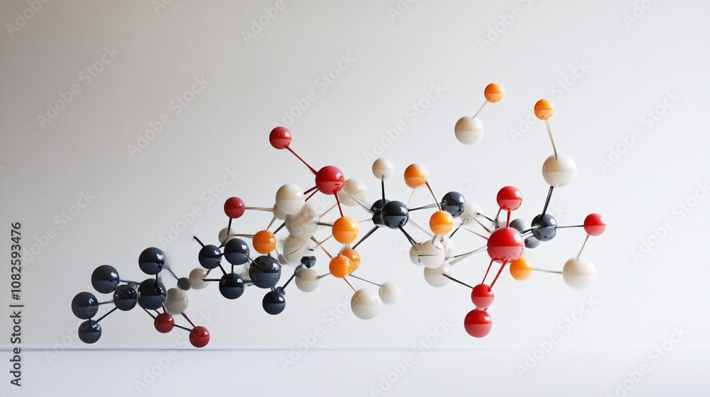 Poster colorful molecule structure floating in white background representing chemical bonds