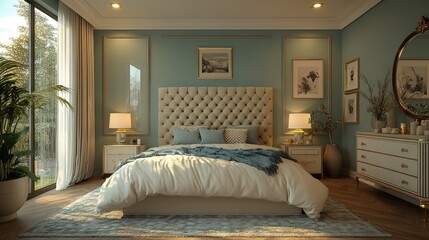 A luxurious bedroom with a large bed, tufted headboard, bedside tables, lamps, and a dresser. The walls are a light blue color, and the floor is a light wood color