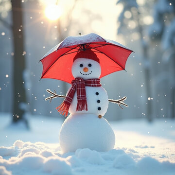 Retrato mu&ntilde;eco de nieve sonriendo mientras nieva con un paraguas en un bosque nevado con sol del amanecer