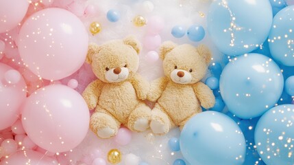 Twin teddy bears surrounded by pink and blue balloons, creating a playful and festive setup perfect for a baby shower celebration.
