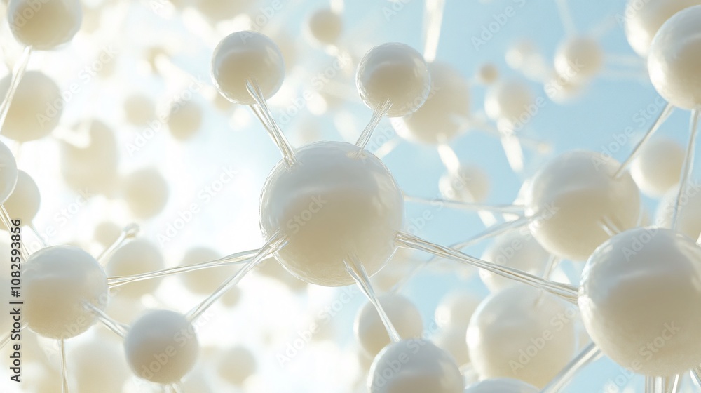 Poster Molecules connecting and forming complex structure on light blue background