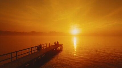 Fototapeta premium Serene Sunset by the Lake with Silhouetted Figures