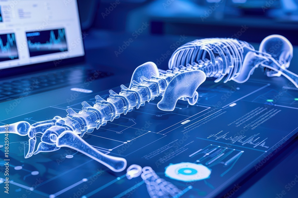 Poster a detailed digital rendering of a human spine, showcasing anatomical structures with a high-tech int