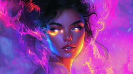 A digital illustration of a woman with glowing eyes surrounded by colorful smoke.