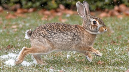 Naklejka premium Snowy Scene with a Rabbit in Motion