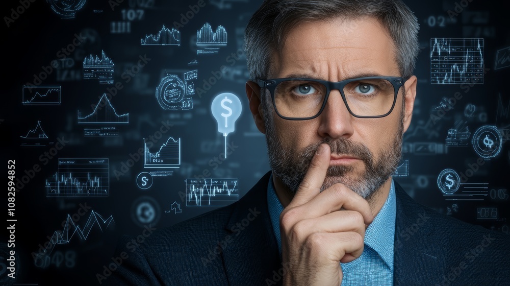 Aufkleber man with glasses and beard deep in thought, analyzing diagrams for datadriven insights strategic dec