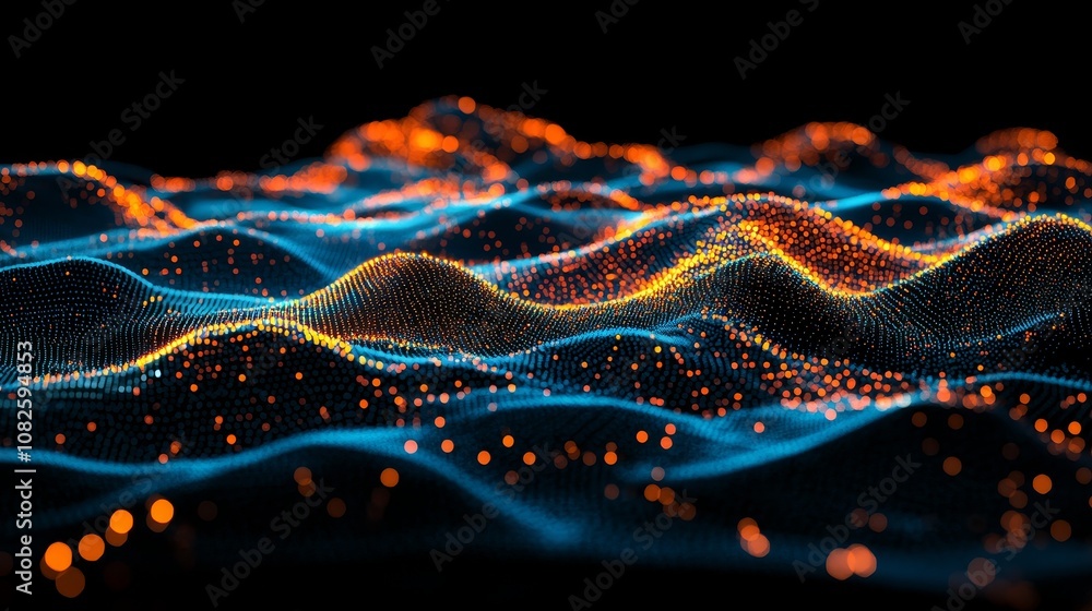Poster big data with compounds. musical wave of particles. low poly mesh. flow and wave. 3d rendering. abst
