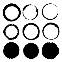 Set of grunge ink stamp circles, round shape stamps and blot icons. Smeared, smudged circle, circular grungy collection