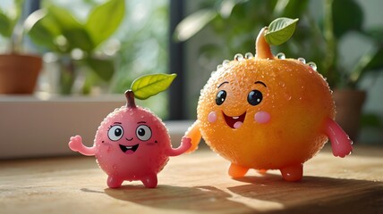Cute Fruit Characters: Orange and Lychee Toy Figures with Smiling Faces and Water Droplets on a Wooden Table