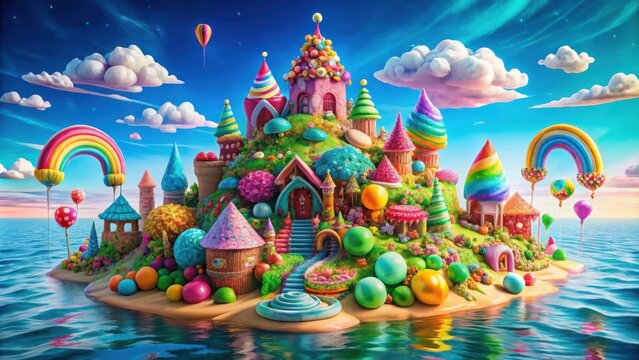 A whimsical candyland island with a rainbow archway, surrounded by vibrant candy houses and floating balloons, set against a backdrop of fluffy clouds and a shimmering blue ocean.