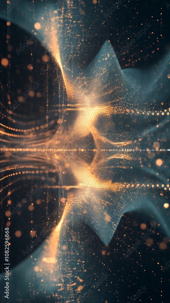 Poster golden particles flowing and glowing in digital cyberspace