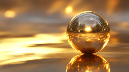 Radiant gold sphere casting reflections across smooth surface creates captivating visual effect. warm tones and glossy finish enhance elegance of composition. Radiant. Illustration
