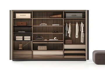 Modern Interior Storage Unit with Open Shelves, Drawers, and Clothing Hangers Featuring Stylish Organization for Contemporary Home Decor