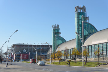 Fototapeta premium west view, detail of Enercare Centre (National Trade Centre), a convention centre, located at 100 Princes' Blvd at Exhibition Place in Toronto, Canada