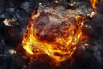 A surreal photograph of an ice cube encased in fire. The ice cube is glowing with an orange and yellow light, creating a striking contrast with the black background. The image evokes concepts of fire 