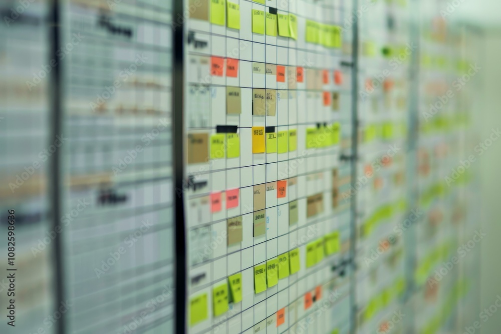 Poster white board is covered with sticky notes, showing the progress of a project