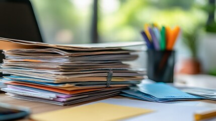 Stacked Papers on a Desk with Office Supplies