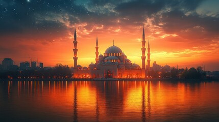 Naklejka premium A majestic mosque with minarets stands tall against a vibrant sunset sky, reflected in the calm waters of a lake.