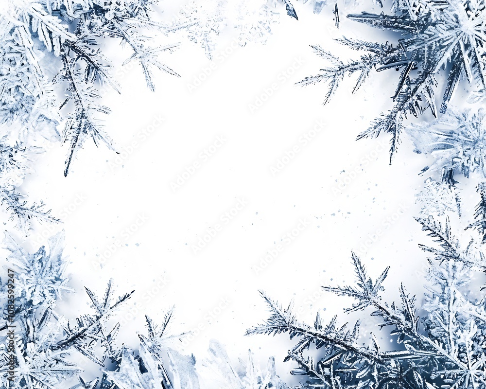 Poster frozen ice frame with shimmering snowflake edges on stark white background