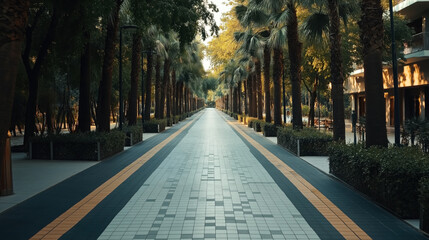Tree-lined walkway with tiled path, flanked by tall palm trees and foliage, under warm sunlight creating a serene urban or park setting.