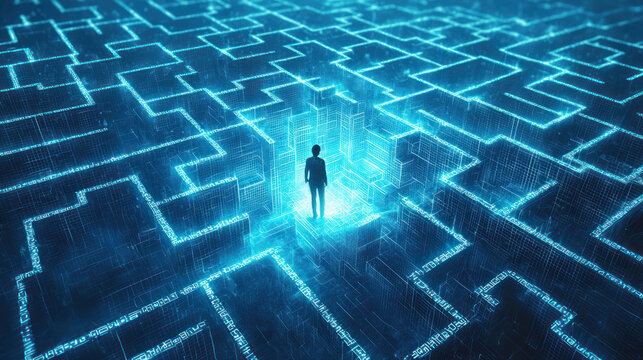 A lone figure navigating a glowing neon maze in a cyber landscape, illuminated pathways extending endlessly in a digital world of virtual exploration.