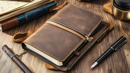 Vintage leather notebook on stylish wooden desk