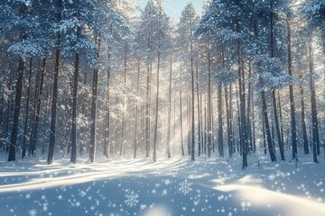 Fototapeta premium Sun rays pierce through serene snow-clad forest