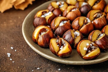 Roasted chestnuts on plate with salt crystals