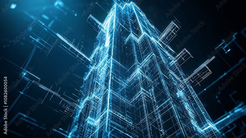 Poster holographic blueprint of futuristic skyscraper with glowing lines and floating 3d components