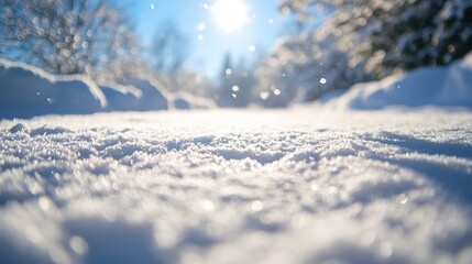 Sunlight glistens on fresh snow with trees in background