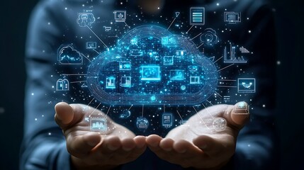 An AI-powered hologram cloud system surrounded by icons