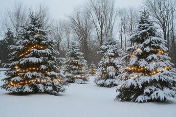 Snowy trees lit by warm lights in tranquil winter scene.