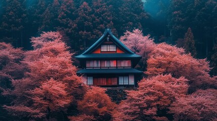 Serene Japanese House Amidst Cherry Blossoms in Spring