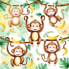 Fototapeta premium In a lush tropical environment, several playful monkeys swing on vines, happily interacting with each other and enjoying bananas surrounding them. generative ai