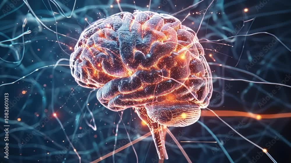 Poster abstract 3d rendering of a human brain with glowing synapses firing, representing the complexity and