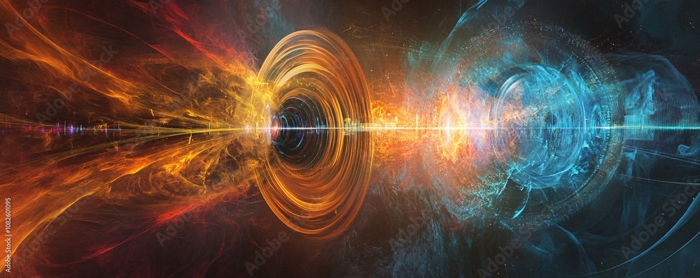 Poster Wormhole connecting two universes with quantum energy fields flowing through space and time