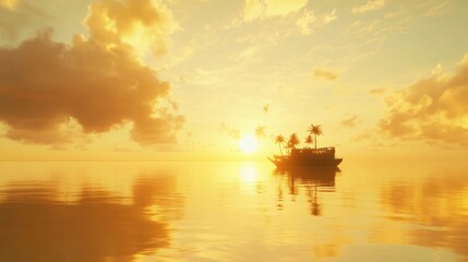Obraz premium Serene Sunset Over Tranquil Sea with Silhouette of Boat