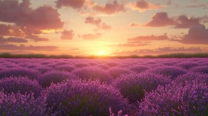 Serene Lavender Field at Sunset with Colorful Sky