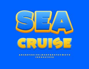 Vector touristic poster Sea Cruise. Sunny Yellow Font. Creative digital Alphabet Letters and Numbers set.