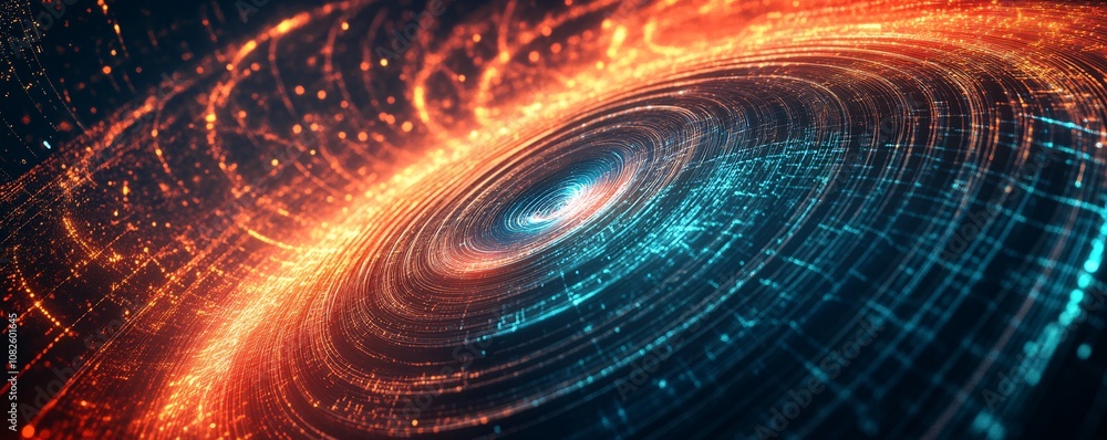 Poster Glowing particles rotating and forming concentric circles of light
