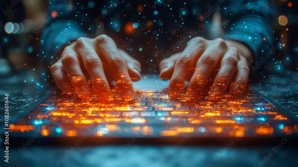 Poster hands typing on an illuminated keyboard, with glowing digital elements overlaying, symbolizing the f