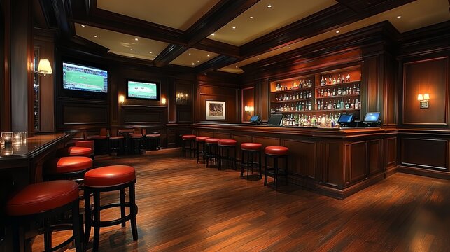 a bar with red stools and a television on the wall behind it