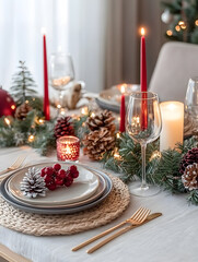 A cozy Christmas party scene with beautifully wrapped gifts, festive lights and traditional decorations.
