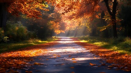 A road with trees on either side and leaves on the ground