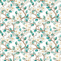Seamless floral pattern with white blossoms and teal leaves